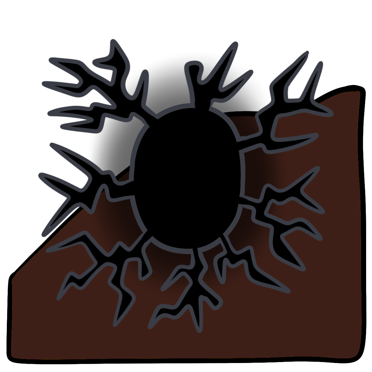 A black glowing oval with branching pointy lines coming from its sides. Curved dark brown skin fills the bottom half of the background.